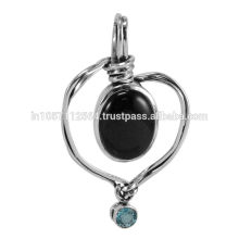 Onyx negro y Topacio azul piedras preciosas con 925 Sterling Silver Wire Twiest Joyería pendiente